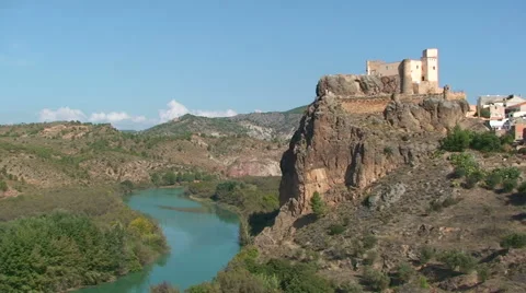 River valley with a castle on the hill Stock Footage 50056903