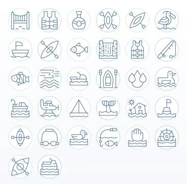 River Vector Icon Collection with 32 High Resolution Thin Line Designs Stock Illustration
