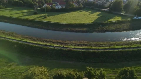 River view with bridge and green fields Video stock 290834122