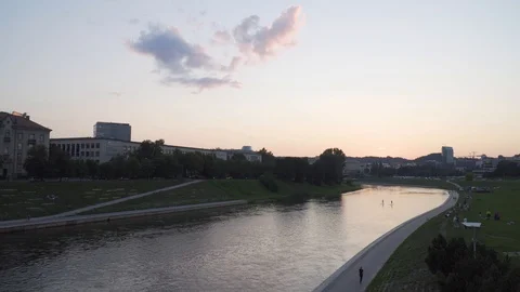 River view with city landscape in the background, Vilnius, Lithuania, 4k Stock Footage 92499102