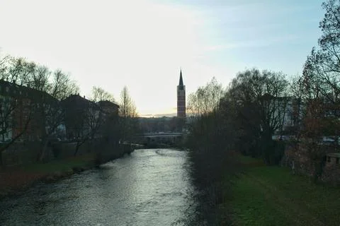 River View with Clock Tower in Late Autumn Stock Photos
