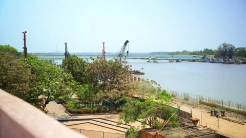 River View Construction Cranes and Bridge Stock Footage 290125805