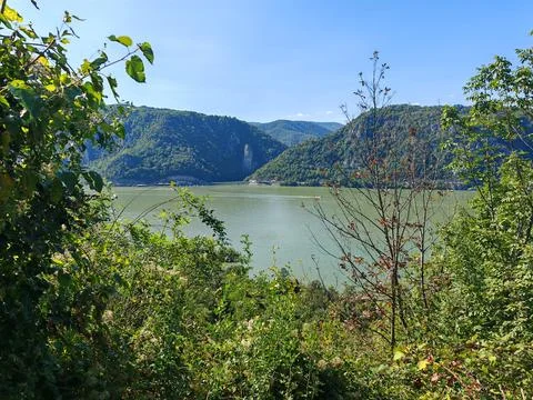 River view framed by green forest and distant mountains Stock-Fotos
