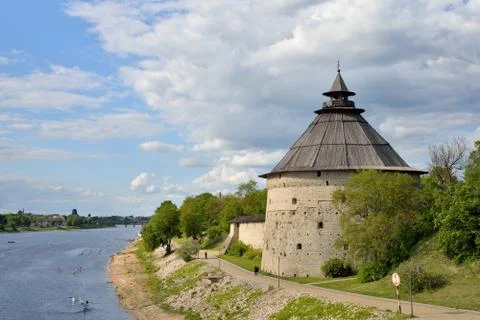 The river view is Great and the Tower of the fortress wall of the Church of.. Stock Photos