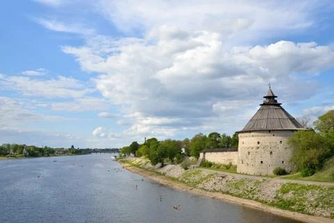 The river view is Great and the Tower of the fortress wall of the Church of.. Stock Photos