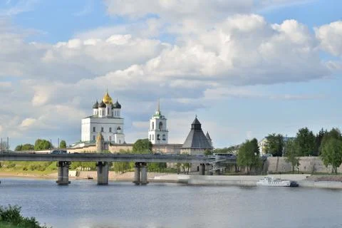 The river view Great, Olginsky bridge and the Trinity Cathedral Stock Photos