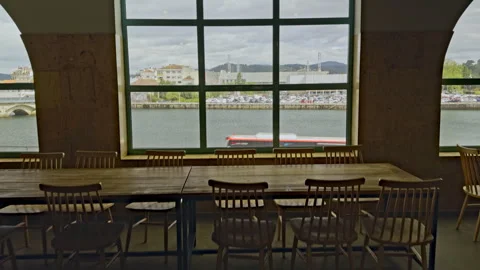 River View from Inside a Modern Cafe with Large Windows Stock Footage 275687700