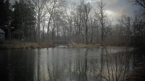 River with view of trees and bridge Stock Footage 58928947