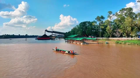 River view under clear blue sky with small boats carrying passengers. 4K Video stock 287688197