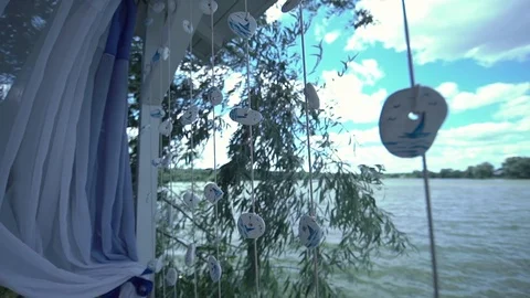 River view from a wooden terrace Stock Footage 123712765