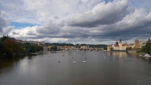 The River Vltava and Prague landmarks. Stock Footage 117178693