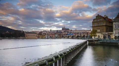 River Vltava with Charles bridge in background, Prague, Czech Republic Stock Footage 51427030