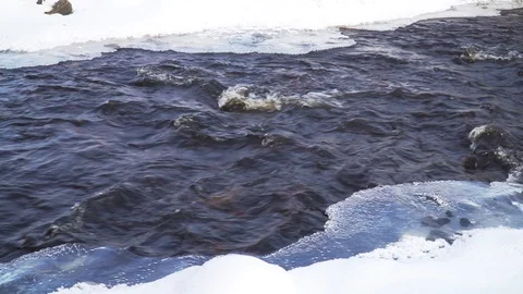 River water flow among snow and ice Stock Footage 94577914