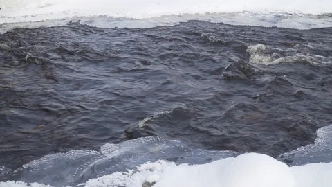 River water flow among snow and ice Stock Footage 94578931