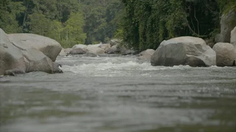 RIVER WATER FLOWING BETWEEN ROCKS SLOW MOTION-(HD) Stockbeeldmateriaal 145355919
