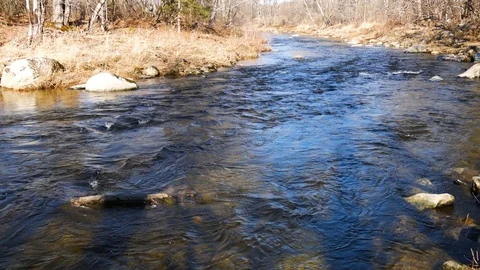 River water flowing downstream in the spring Stock Footage 128254267