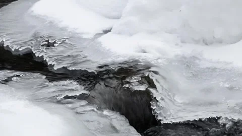 River water flowing under ice and winter snow Video stock 264477670
