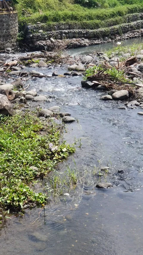 River water flows a little between the rocks Stock Footage 330855164