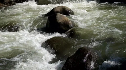The river water flows swiftly over large rocks Stock Footage 287293271