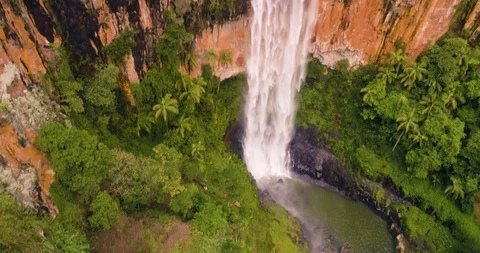 River, waterfall, forests and mountain landscape aerial drone footage Stock Footage