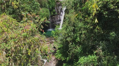 River waterfall in mountain forest Himalayas Nepal. Water, rock nature HD video. Stock Footage 64827512