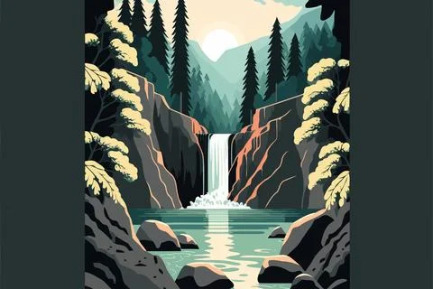 River with waterfall in natural jungle environment Stock Illustration