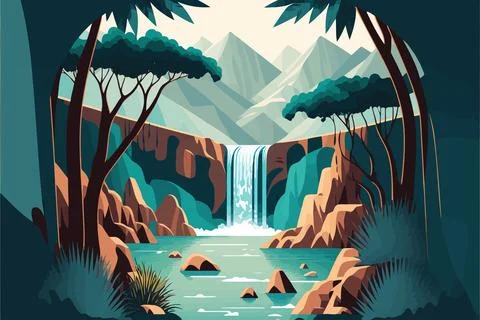 River with waterfall in natural jungle environment Stock Illustration