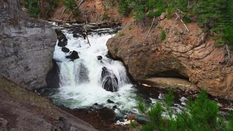 River Waterfall with Pine Trees, Fallen Logs, and Rugged Orange Cliff – 60fps Stock Footage 316981418