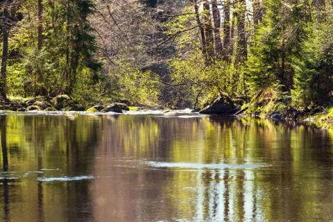 River before waterfall in rays of soft light, Saint-Petersburg, Russia Fotos de archivo