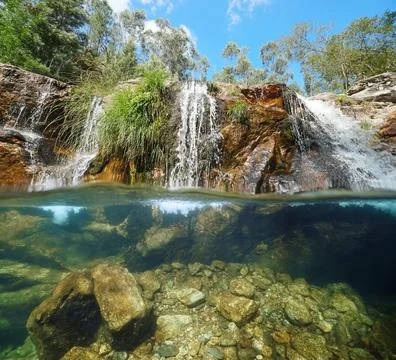 River waterfall split level view over and under water Foto stock
