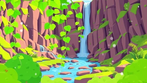 River waterfall tree tops.: Lush leaves with waterfall landscape.. Stock Footage 308846750