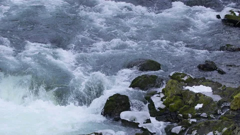 River waterfall/rocks winter, closeup, 25% speed, slow tilt down, vintage, audio Stock Footage 169998684