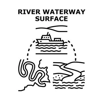 River waterway surface concept with navigation and landscapes Stock Illustration