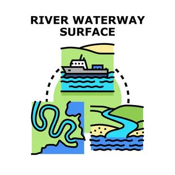 River waterway surface concept with navigation and landscapes Stock Illustration