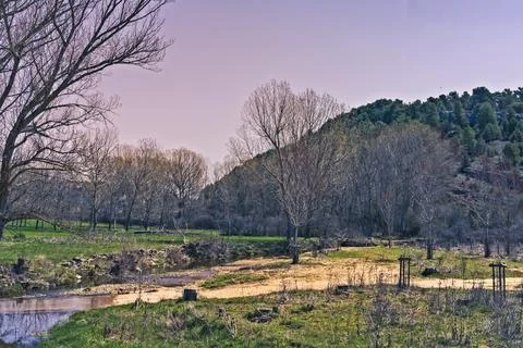 River winding through fields with bare trees Stock Photos