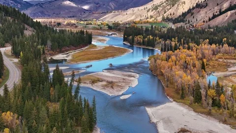 River Winding Through Mountain Valley Wyoming Stock-Footage 333416695