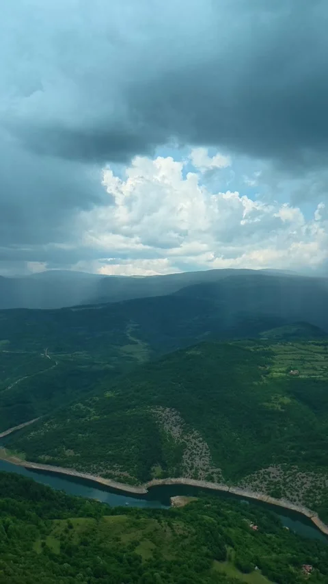 River winds through dense forested hills. Kozji Kamen viewpoint, Vertical 스톡 동영상 341882079