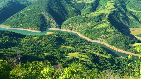 River winds through lush green valleys. Kozji Kamen viewpoint, Serbia 스톡 동영상 342341331