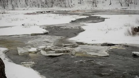 River in winter during a thaw, trees without leaves a deserted country place Stock Footage 153235662