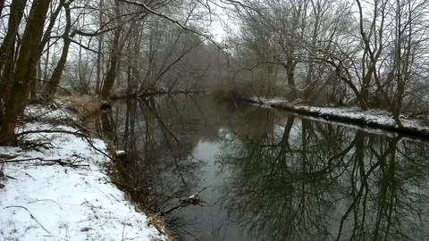 River in winter with flying ducks Stock Footage 87499804