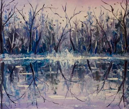 River in the winter forest, reflection of trees in water Stock-Illustration