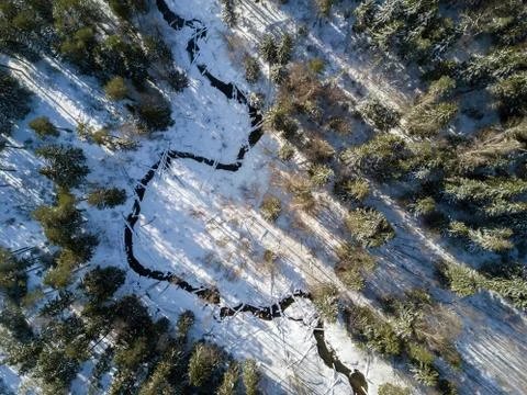 River in a winter forest. Top down aerial view. Stock Photos