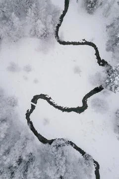 River in the winter forest. View from above Stock Photos