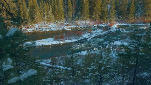 River in winter with fresh show in late afternoon sun - static Stock Footage 171447436