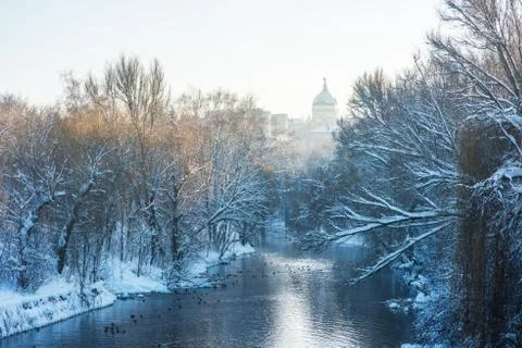 River in winter park Stock Photos