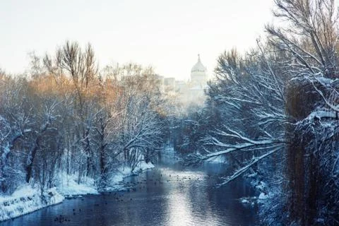 River in winter park Stock Photos