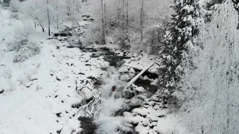 River in the winter snow forest in the mountains Видео 143375672