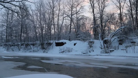 River in winter with snow. The river at dawn. Evaporation from water. Stock Footage 110048854
