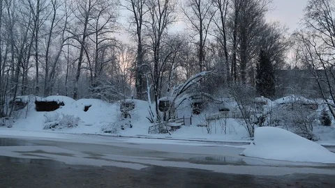 River in winter with snow. The river at dawn. Evaporation from water. Stock Footage 110048960