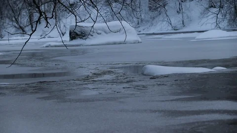 River in winter with snow. The river at dawn. Evaporation from water. Stock Footage 110049003